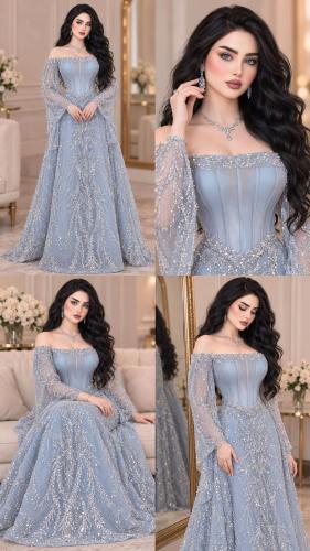 فستان سماوي شك سهرة فاخر دبل كلوش