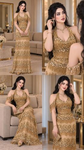 فستان ذهبي شك سهرة هدب خرز