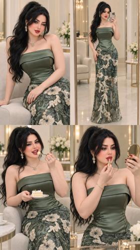 فستان سهرة زيتي كلفه ورد تفته
