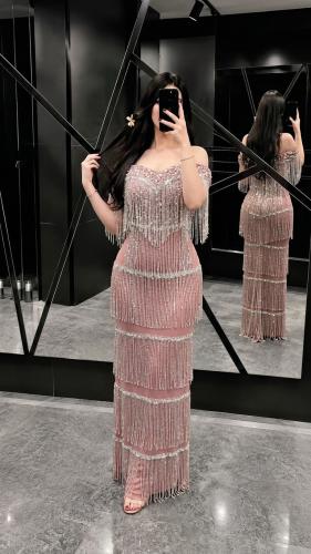 فستان سهرة لحمي هدب خرز سلاسل