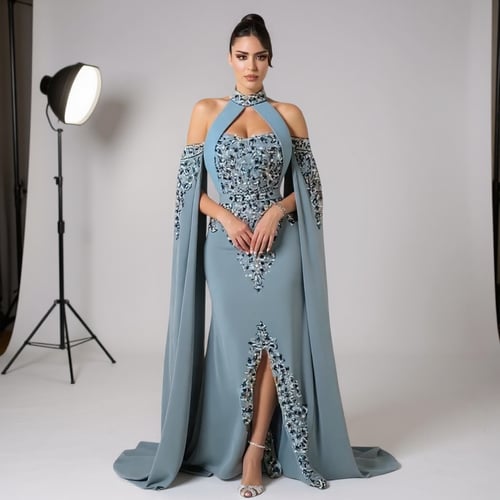 فستان سهرة بحري اكمام سميرة