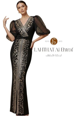 فستان سهرة أسود فاخر بأكمام بوف وتطريز ذهبي – لحظة...