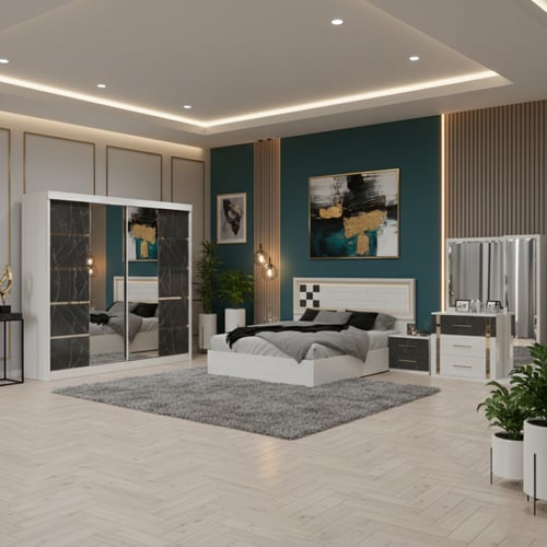 غرفة نوم مودرن خشب بتفاصيل ذهبية – 5 قطع