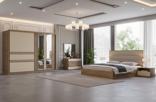 غرفة نوم مودرن خشب بني فاتح بظهر مبطن عاجي – 5 قطع