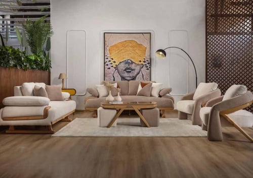 جلسة كنب خشب زان طبيعي أوف وايت × بيج – 4 حبات