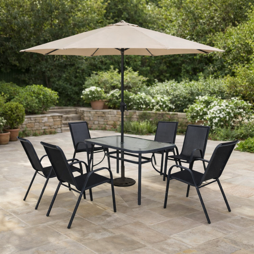 طاولة خارجية 6 كراسي مع المظلة لون أسود - جلسة مري...