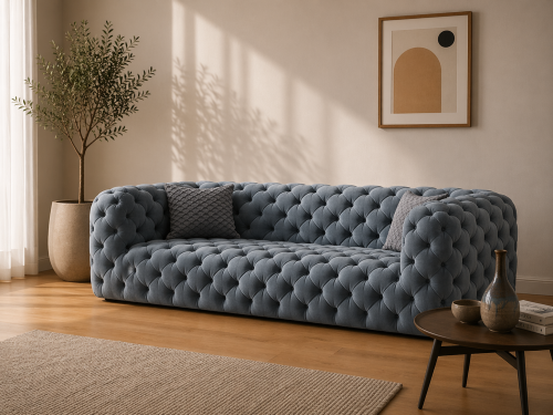 أريكة 3 مقاعد كابيتونيه مخمل أزرق -300×85×85 سم