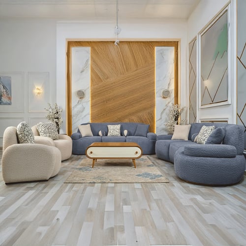 طقم كنب أزرق وبيج قماش بوكلية مودرن فاخر