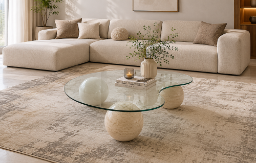 طاولة وسط HarmonyHaven Marble بسطح زجاج شفاف
