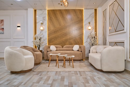 طقم كنب بيج وبني فاتح قماش بوكليه فاخر