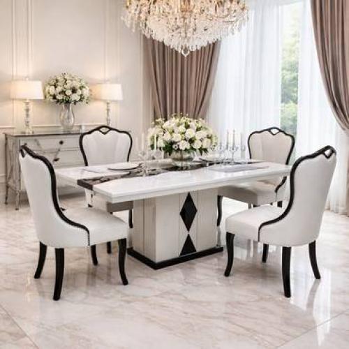 طاولة طعام رخام بقاعدة رخام مع كراسي خشب طبيعي – ت...