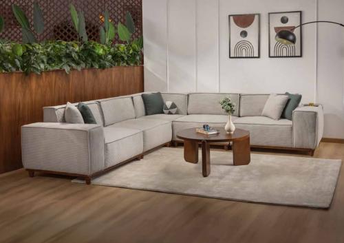 كنبة زاوية مودرن خشب زان طبيعي قماش رمادي فاتح – م...