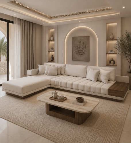 كنبة زاوية 3 قطع خشب سنديان مغطي بقماس مخمل أوف وا...