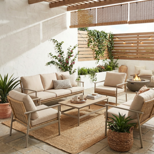 طقم جلسة خارجية 7 أشخاص لون بيج – تصميم فاخر ومريح...