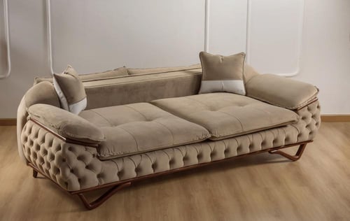 طقم كنب مخمل خشب زان طبيعي بدرجات البيج والرمادي –...