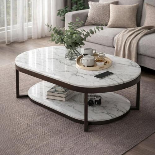 طاولة قهوة خشب رخامي بتصميم بيضاوي من الخشب والحدي...