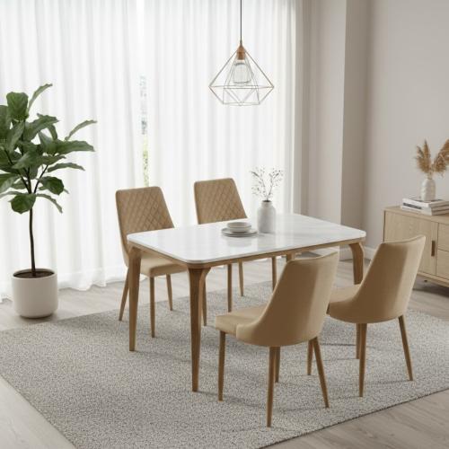 طاولة طعام رخام بأربع كراسي مخمل مريحة - 130x80 سم