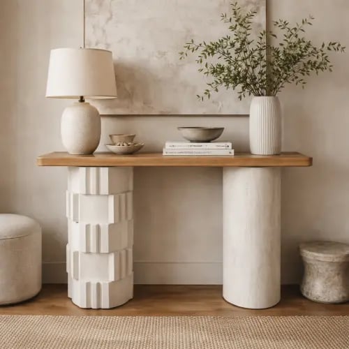 كونسول بسطح خشبي وقواعد منحوتة – أوف وايت وخشبي –...