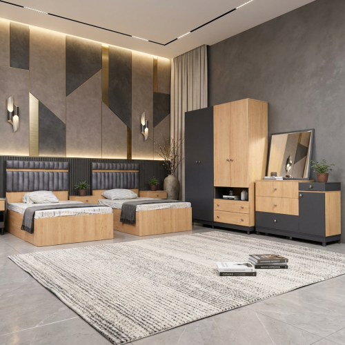 غرفة نوم شبابي بتصميم أنيق لون خشبي x رمادي - 5 قط...