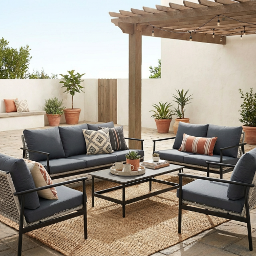 طقم جلسة خارجية 7 أشخاص لون أسود – تصميم عصري ومتي...