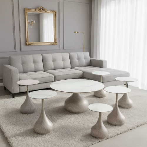 طقم طاولات جانبية 7 قطع مع سطح سيراميكي فاتح تصميم...