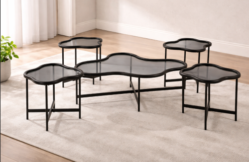 طقم طاولات 5 قطع بتصميم مموج بإطار خشبي وزجاج مميز