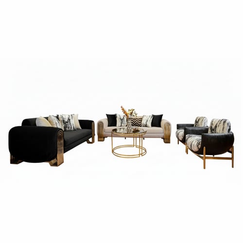 طقم كنب مودرن فخم قماش أسود وبيج بأرجل ذهبية – 4 ق...