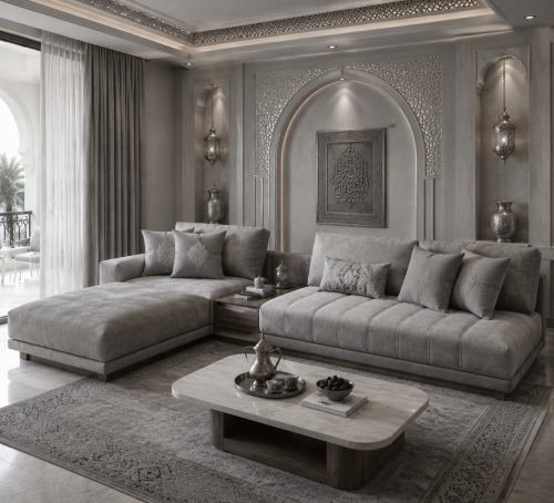 كنبة زاوية 3 قطع خشب سنديان مغطي بقماس مخمل رمادي...