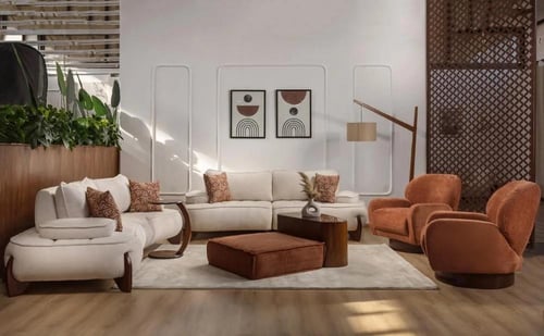 طقم جلوس مودرن خشب زان طبيعي بيج فاتح × برتقالي –...