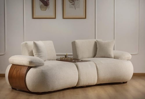 طقم كنب مخمل بيج × بني خشب زان طبيعي مع حامل أكواب...