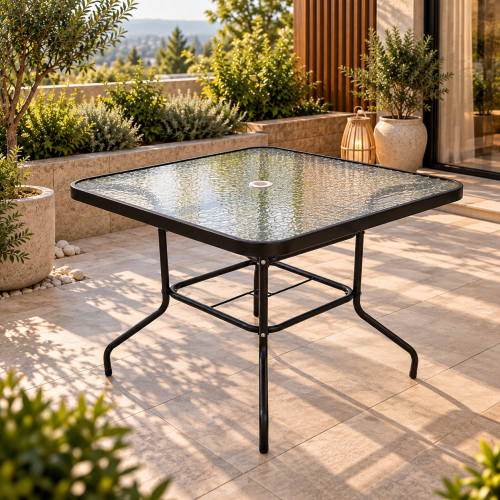 طاولة حديد بسطح زجاج ثلجي وفتحة مظلة أسود 80×80×70 سم