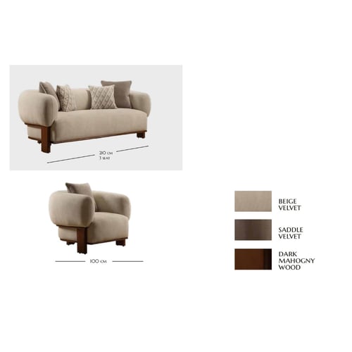 طقم كنب خشب زان طبيعي منجد بالمخمل لون بيج – 4 حبه