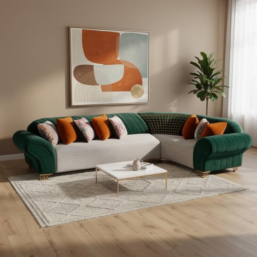 كنبة زاوية مودرن قماش أخضر وبيج بأرجل ذهبية – تصمي...