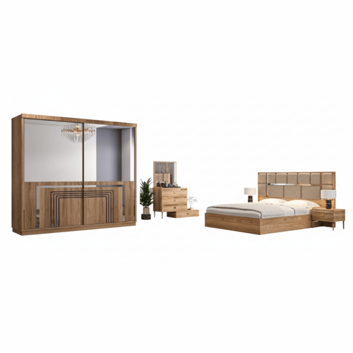 غرفة نوم فندقية هادئة خشب طبيعي فاتح وبيج بلوح مبط...