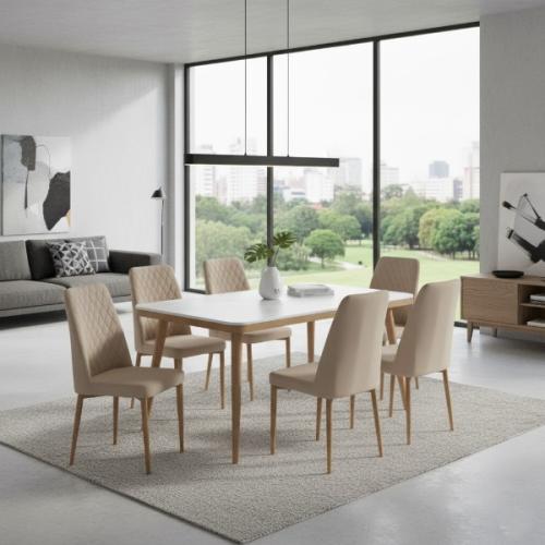 طقم طاولة طعام بيج وسطح ابيض - 6 كراسي