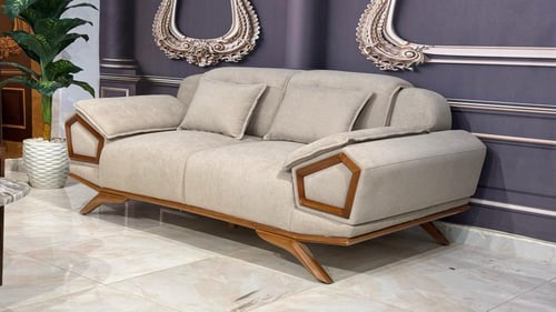 طقم كنب خشب وقماش – أوف وايت ورمادي – 4 قطع