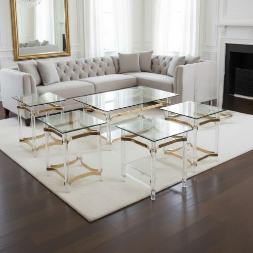 طقم طاولات جانبية زجاجية 5 قطع ذهبي فاخر