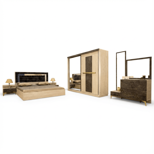 غرفة نوم خشب بتصميم أنيق لون بيج – 5 قطع