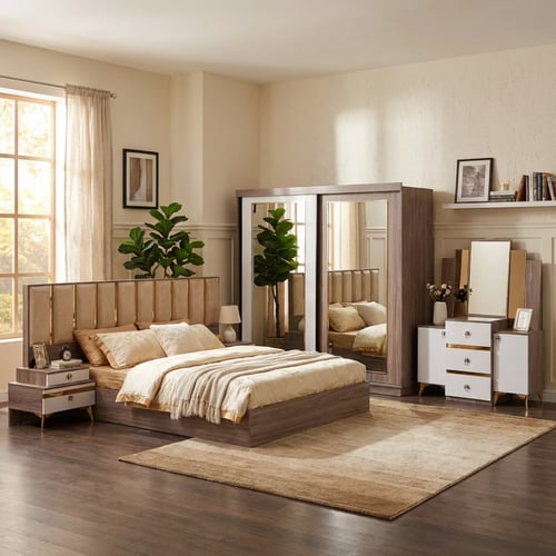 طقم غرفة نوم فندقي خشب بني فاتح وأبيض بلوح مبطن ذه...