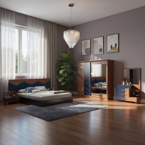 مجموعة غرفة نوم شبابية خشب بني وكحلي بلوح خلفي ممي...