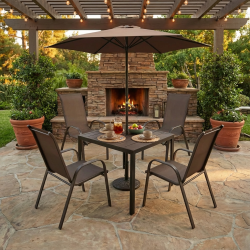 طقم طاولة طعام خارجية مربعة مع مظلة - بني - 5 قطع