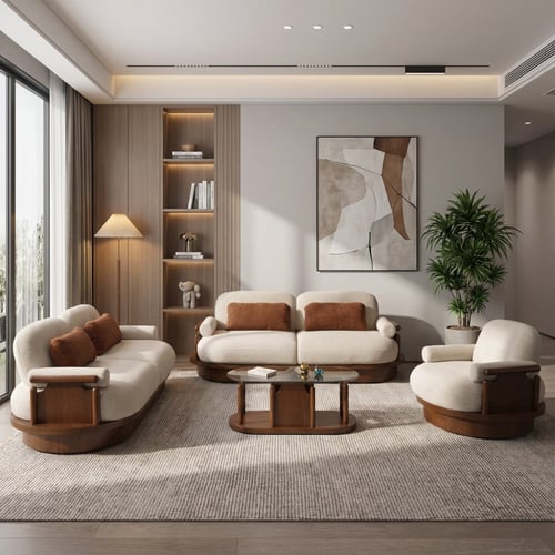 طقم كنب مودرن قماش أوف وايت بقواعد خشبية – 4 قطع