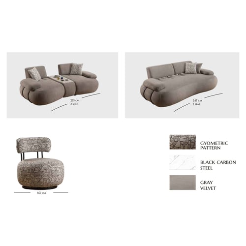 طقم كنب خشب زان طبيعي منجد بالمخمل لون رمادي – 4 ح...