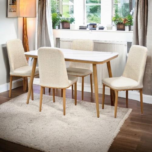 طقم طاولة طعام رخام وخشب - ألوان متعددة - 5 قطع