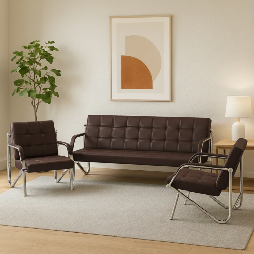 طقم كنب مكتبي جلد لون بني غامق – 3 قطع