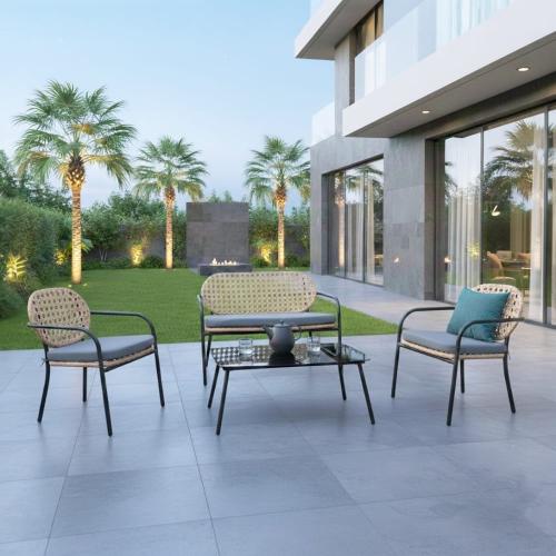 طقم جلسة خارجية 4 قطع – مزيج الخيزران والمعدن لإطل...