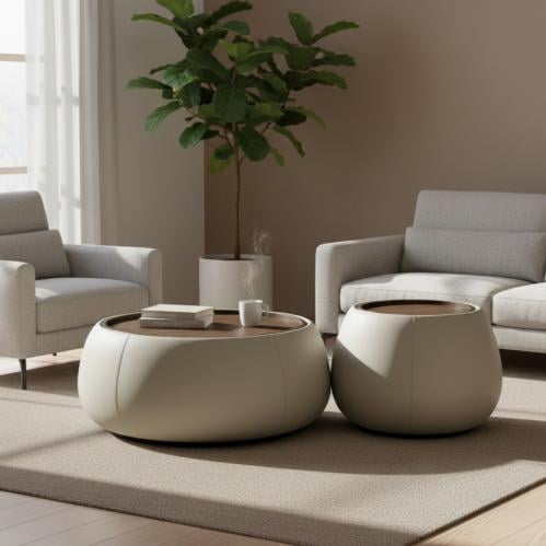 طقم طاولات شاي من الخشب والجلد الصناعي 1+1 بمقاسين...