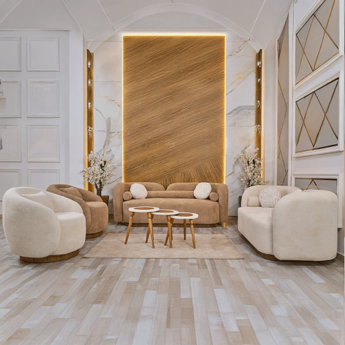 طقم كنب بيج وبني فاتح قماش بوكليه فاخر