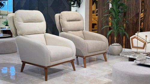 طقم كنب خشب وقماش – أوف وايت ورمادي – 4 قطع