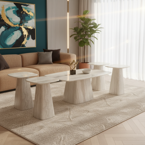 طقم طاولات خشب 4+1 بلون رمادي رخامي راقٍ – تصميم ع...